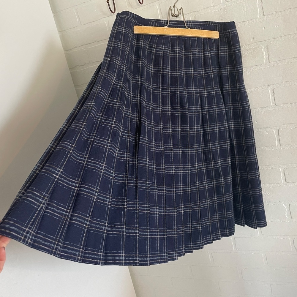 Vintage Wool Navy Plaid Midi Skirt - Picture 12 of 12